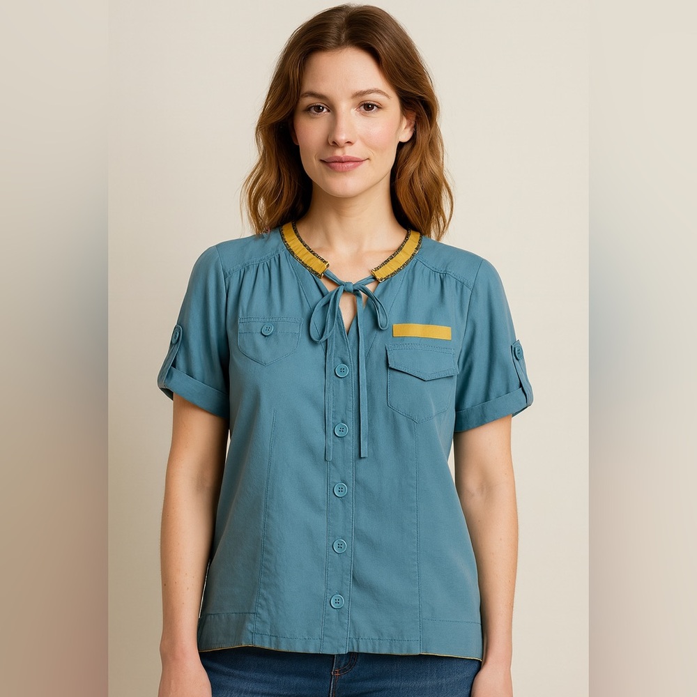 Vtg Y2K Marc Jacobs Teal Tie-Neck Unique Designer Blouse Button Front Top S